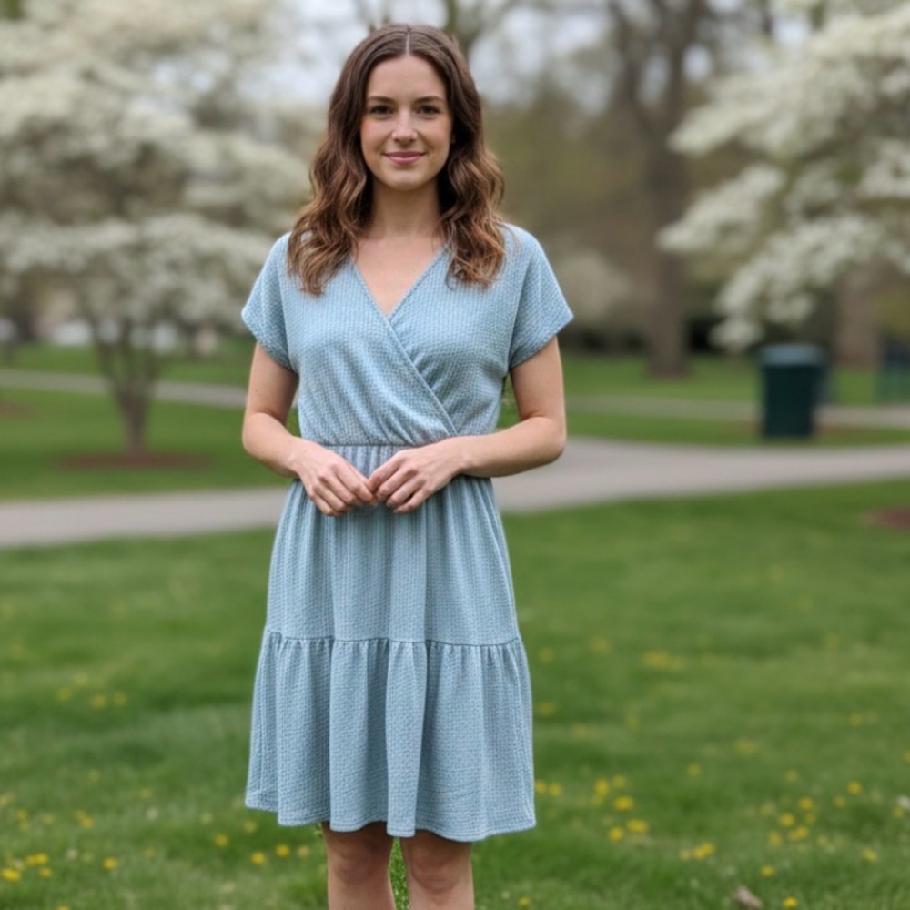 Boutique Blue Waffle Knit Tiered Mini Dress Surplice Wrap S/M Boho Fairy-core